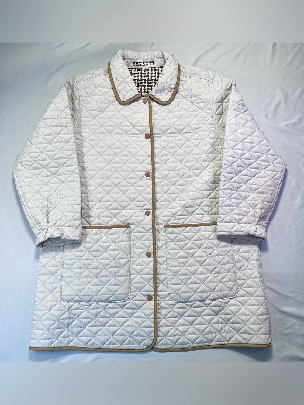 Lands' End Cream Reversible Quilted Puffer Barn Chore Coat Jacket Tan Trim